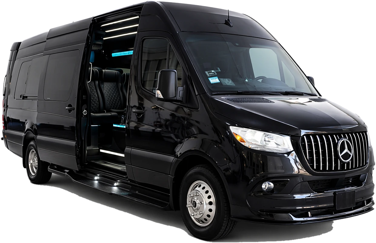Black Mercedes-Benz Sprinter passenger van with the sliding door open